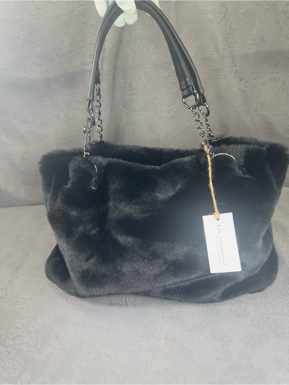 Expressions NYC Vegan Black Faux Fur Large Shoulder Bag Purse